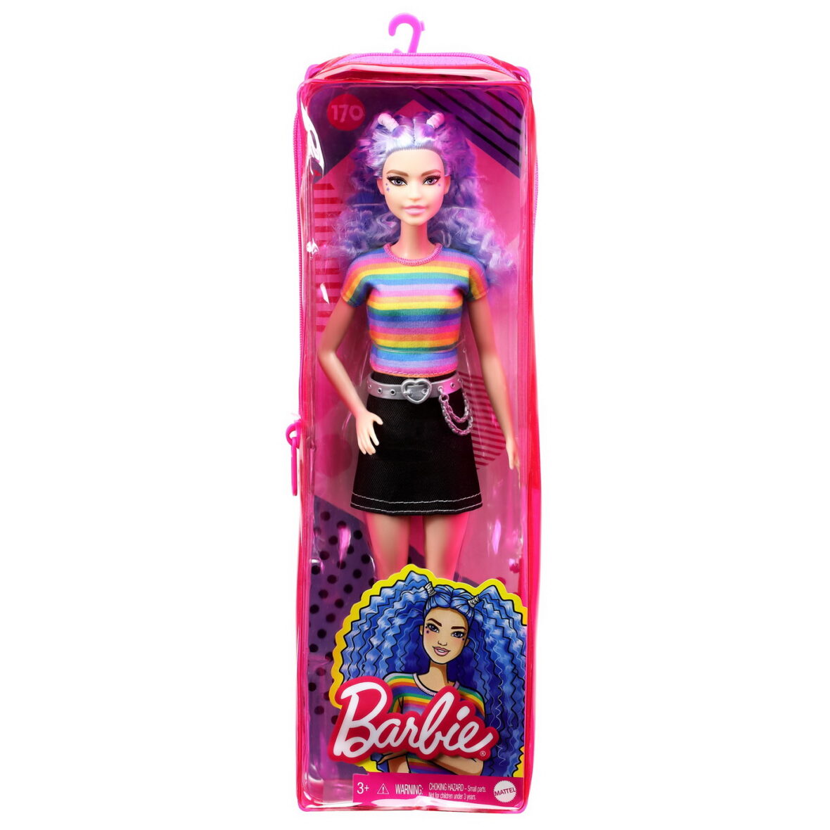 Papusa Barbie Fashionista Cu Parul Mov  Tricou Multicolor Si Fusta Neagra
