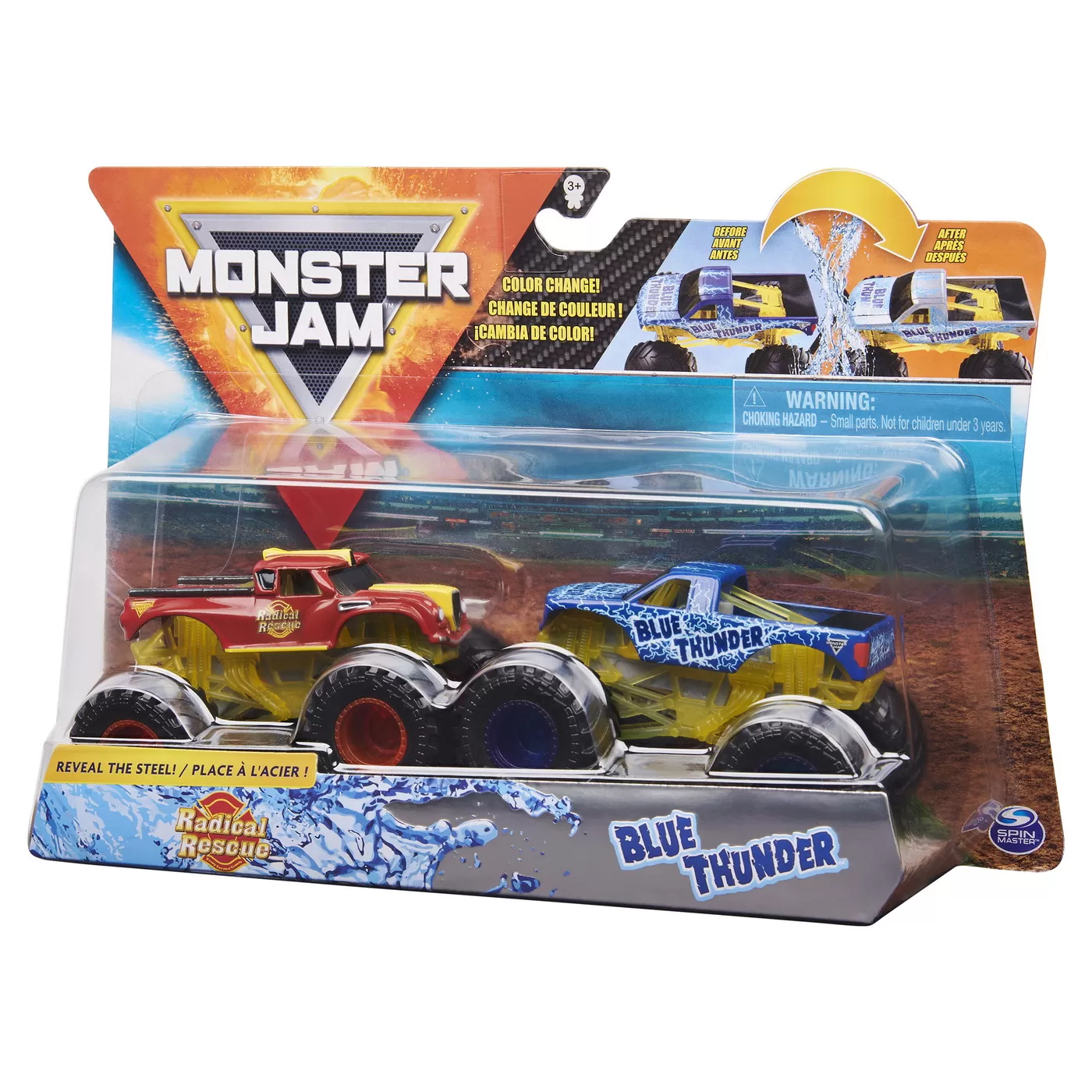 MONSTER JAM SET 2 MASINUTE RADICAL RESCUE SI BLUE THUNDER COLOR CHANGE