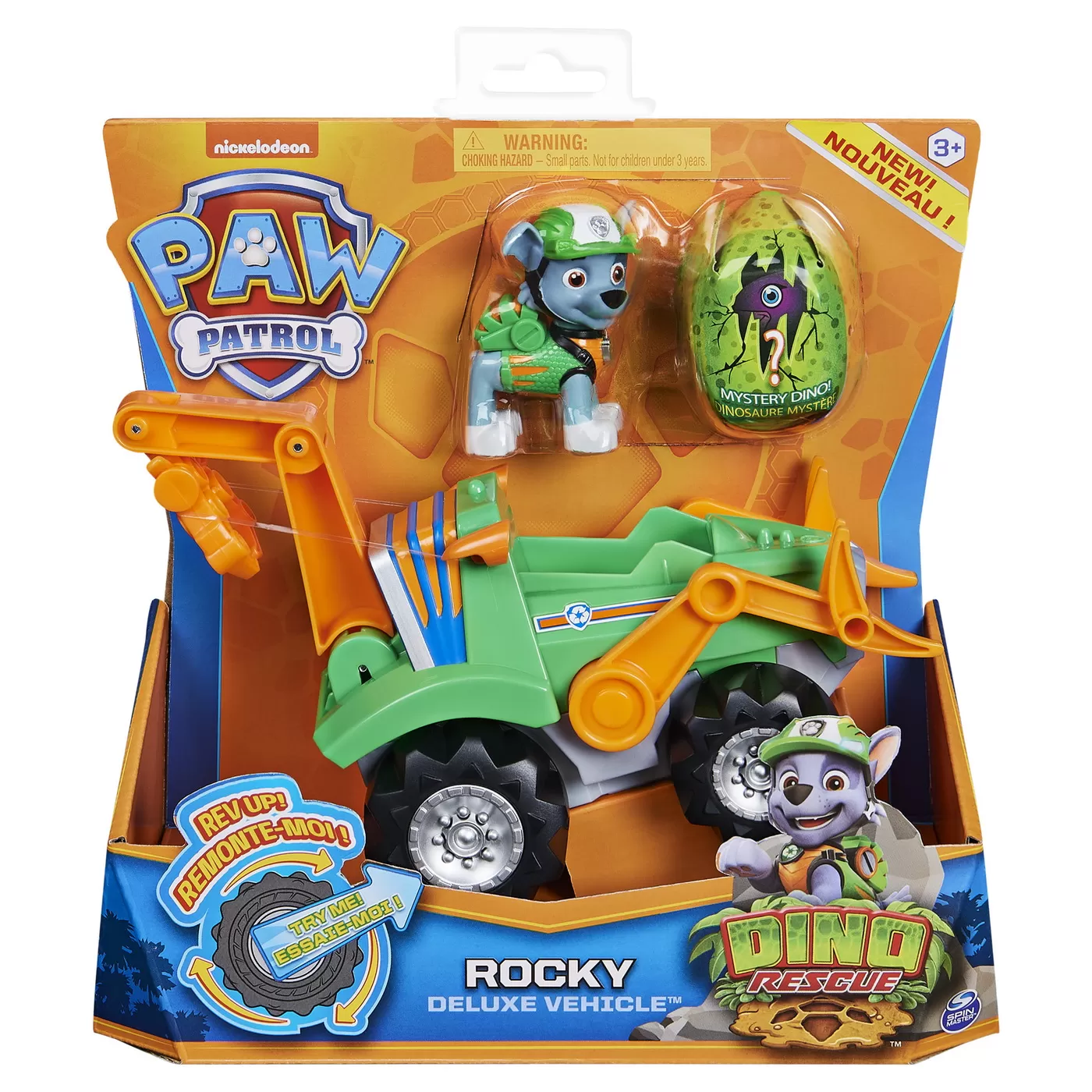PATRULA CATELUSILOR SET VEHICUL CU CATELUS ROCKY SI FIGURINA DINO SURPRIZA
