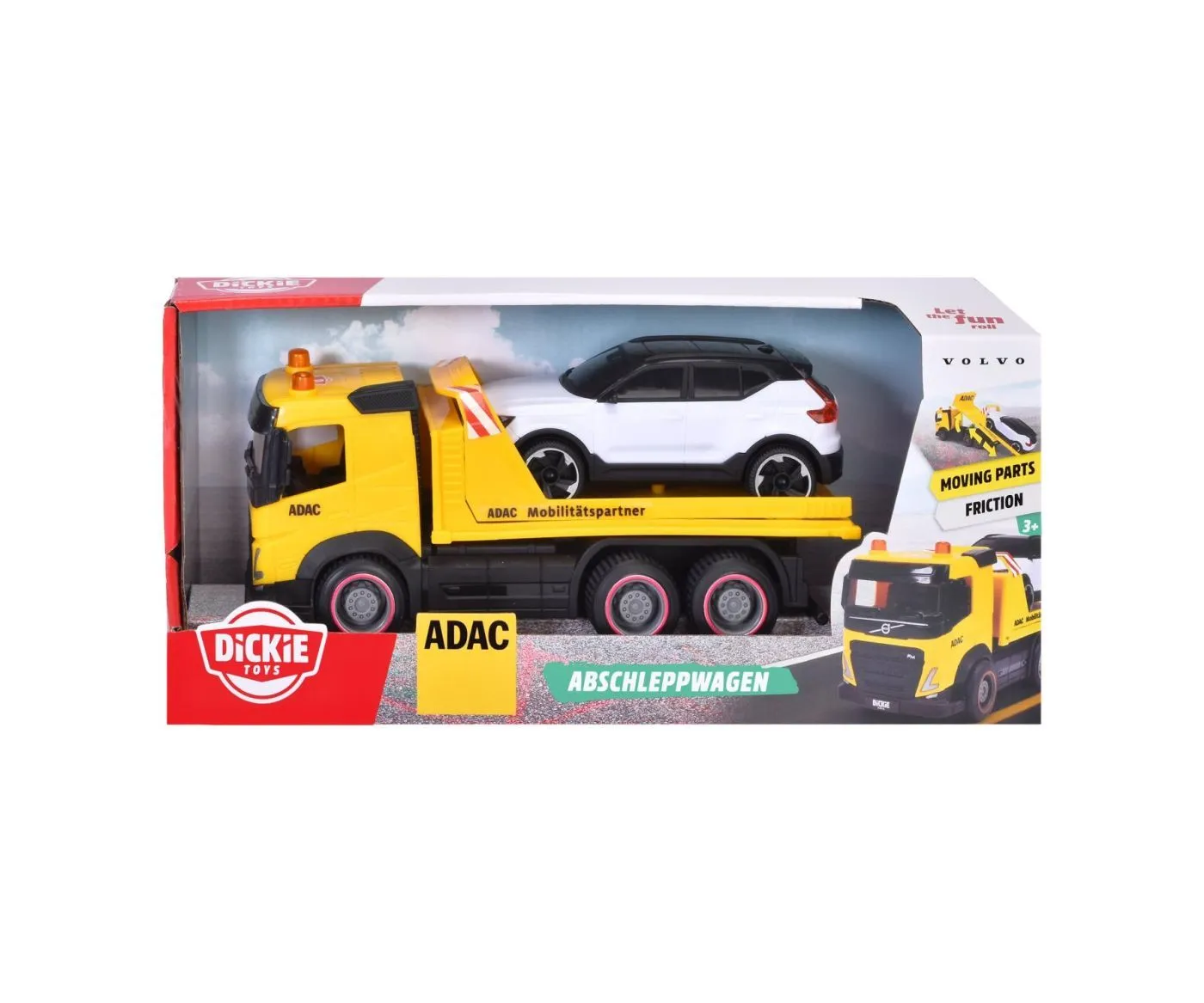DICKIE ADAC SET VOLVO CAMION DE TRACTARE SI AUTOTURISM ABSCHLEPPWAGEN CU FRICTIUNE