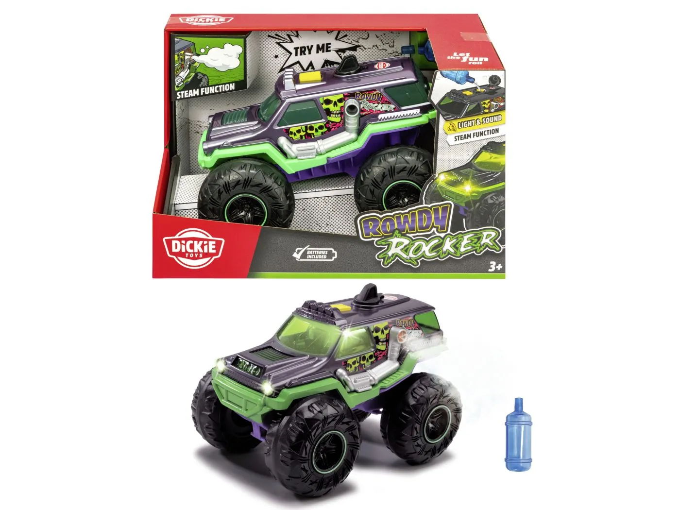 DICKIE MASINA DE TEREN ROWDY ROCKER CU LUMINI SUNETE SUSPENSII SI FUNCTIE ABUR 25CM