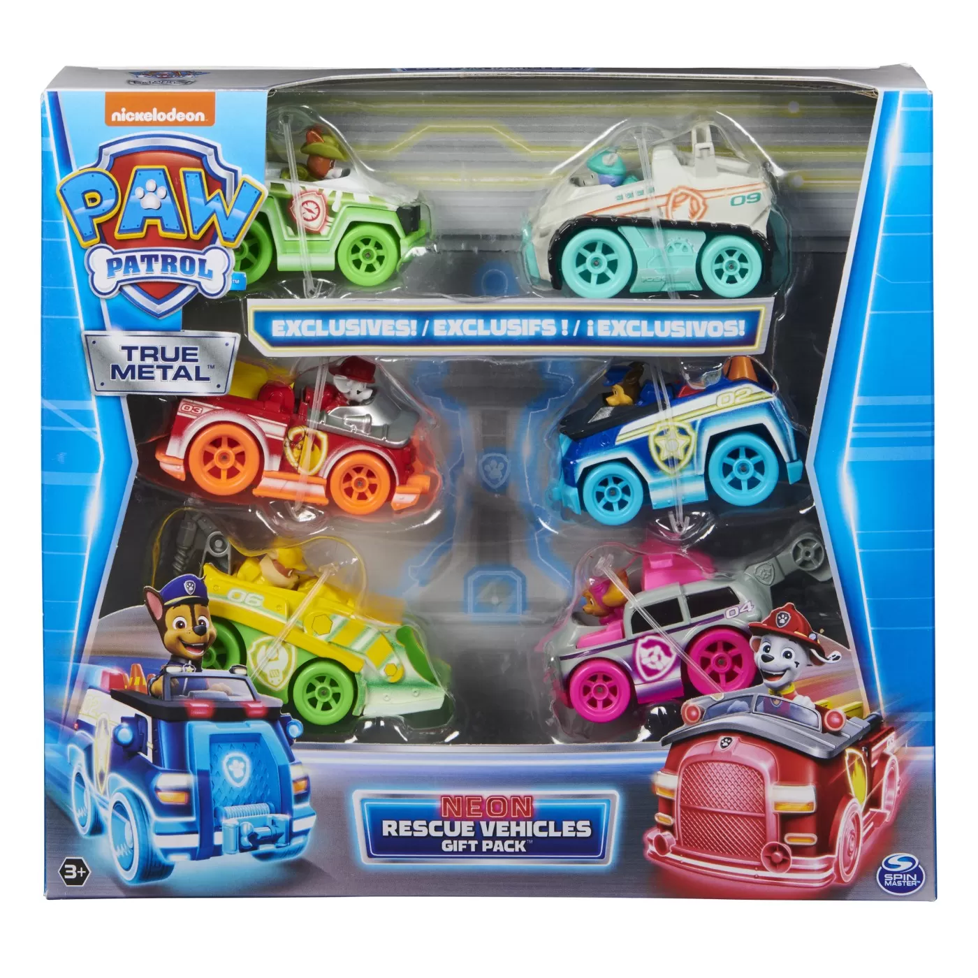 PATRULA CATELUSILOR SET 6 MASINUTE METALICE NEON SCARA 1:55
