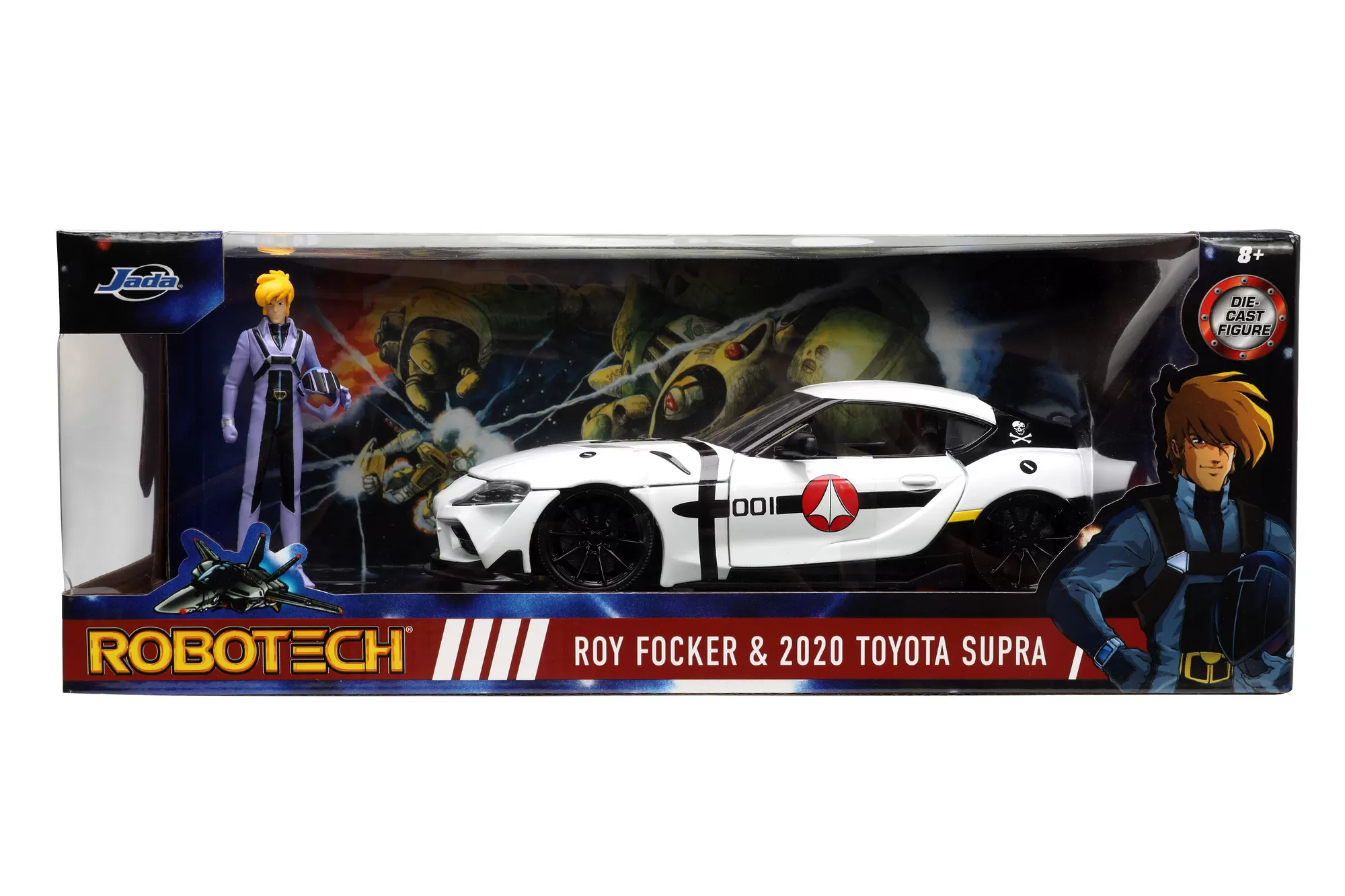 JADA ROBOTECH SET MASINUTA METALICA SI FIGURINA ROY FOCKER SI TOYOTA SUPRA SCARA 1:24