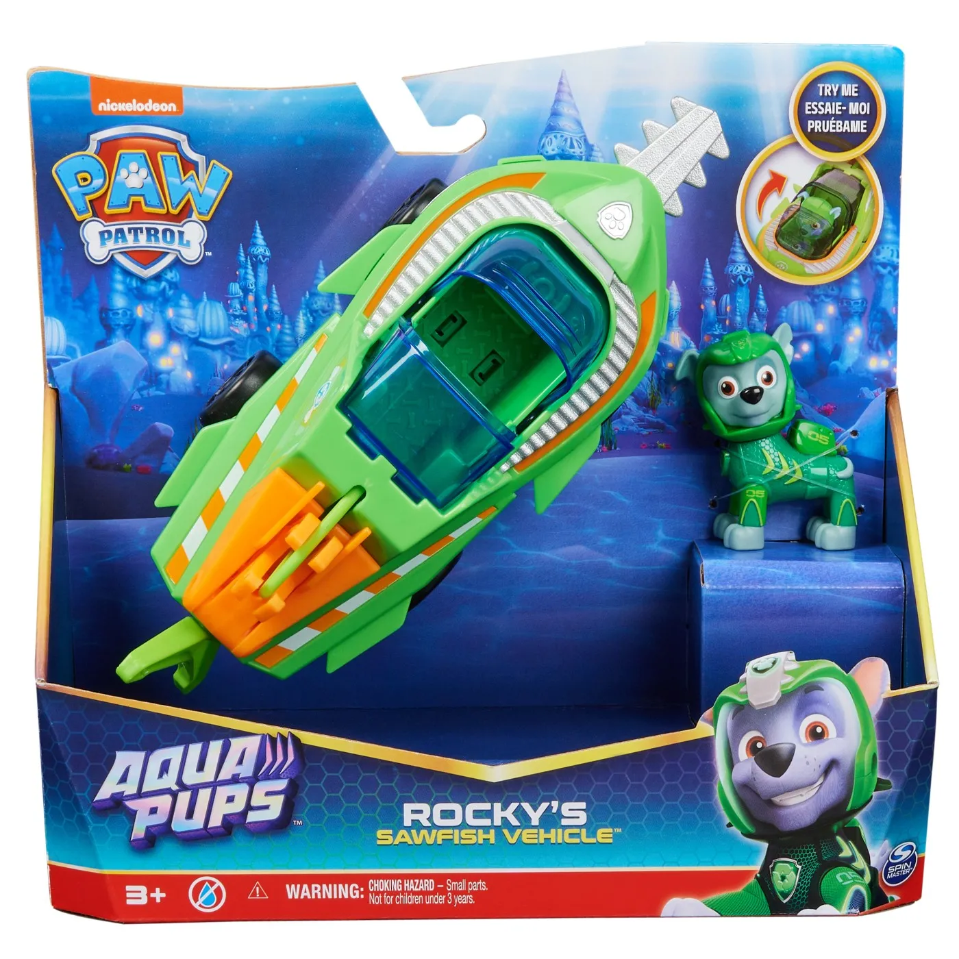 PATRULA CATELUSILOR VEHICUL CATELUSII ACVATICI FIGURINA ROCKY SI VEHICULUL PESTELE SPADA
