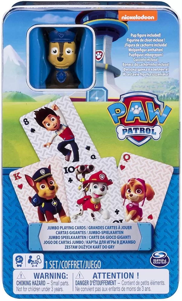 PATRULA CATELUSILOR CARTI DE JOC JUMBO CU FIGURINA IN CUTIE DE METAL