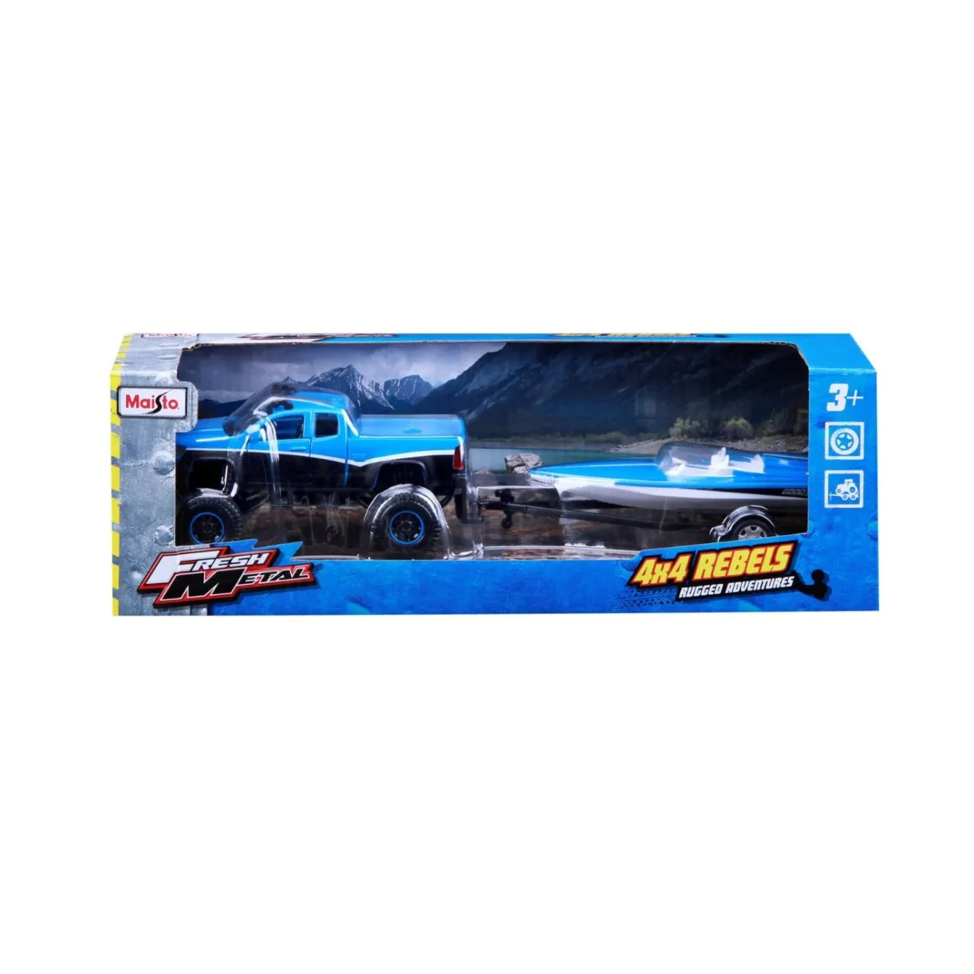 MAISTO MASINUTA METALICA 4X4 REBELS RUGGED ADVENTURES CU REMORCA ALBASTRU