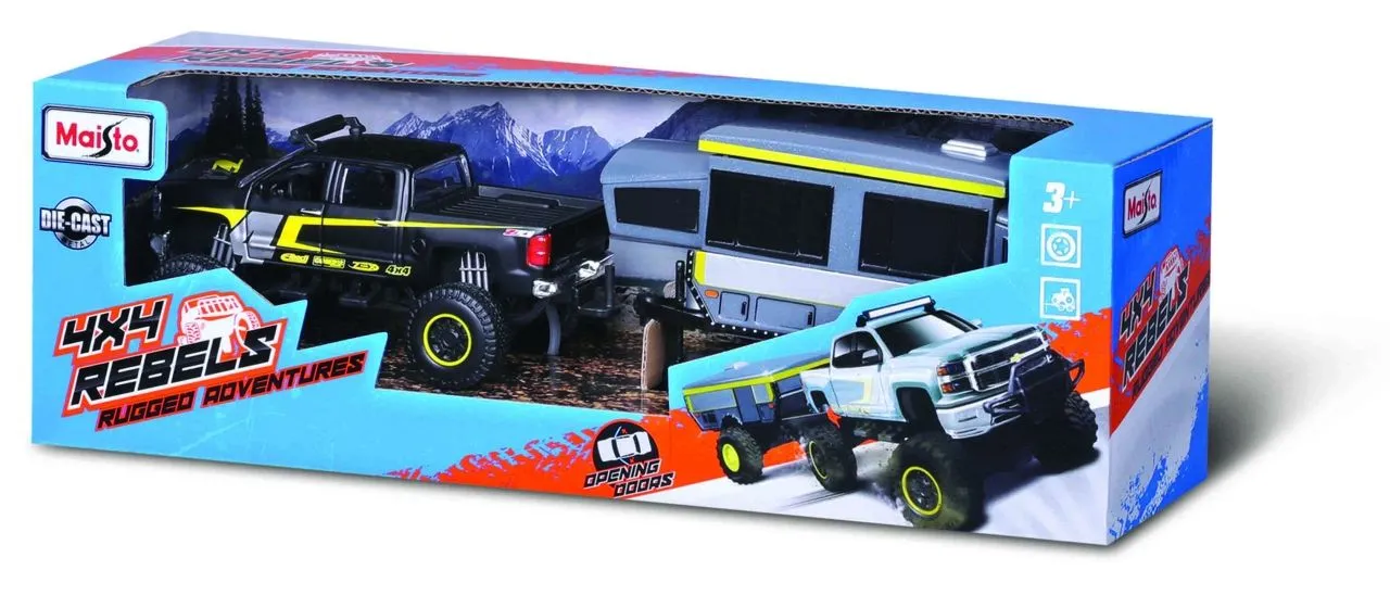 MAISTO MASINUTA METALICA 4X4 REBELS RUGGED ADVENTURES CU REMORCA NEGRU