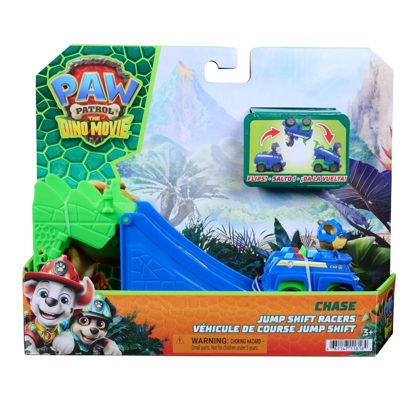PATRULA CATELUSILOR FILMUL CU DINOZAURI SET VEHICUL CU RAMPA SI FIGURINA CHASE